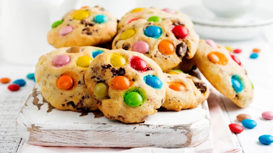 Cookies aux M&M's moelleux empilés, bonbons colorés bien visibles