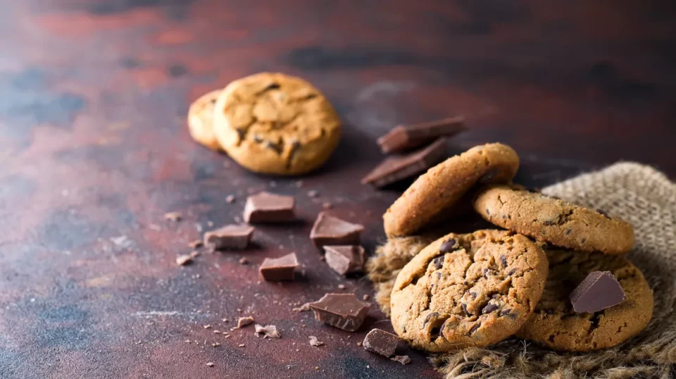 Cookies épais aux gros morceaux de chocolat noir sur toile de jute